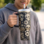 Sugar Skull Travel Mug Insulated Tumbler Day Of The Dead Design Calavera Artwork Pattern 40oz Stainless Steel Container Double Walled Hot Cold Beverage Holder Handle Straw Flip Lid Mexican Folk Art Style Gothic Drinkware Daily Use Essential