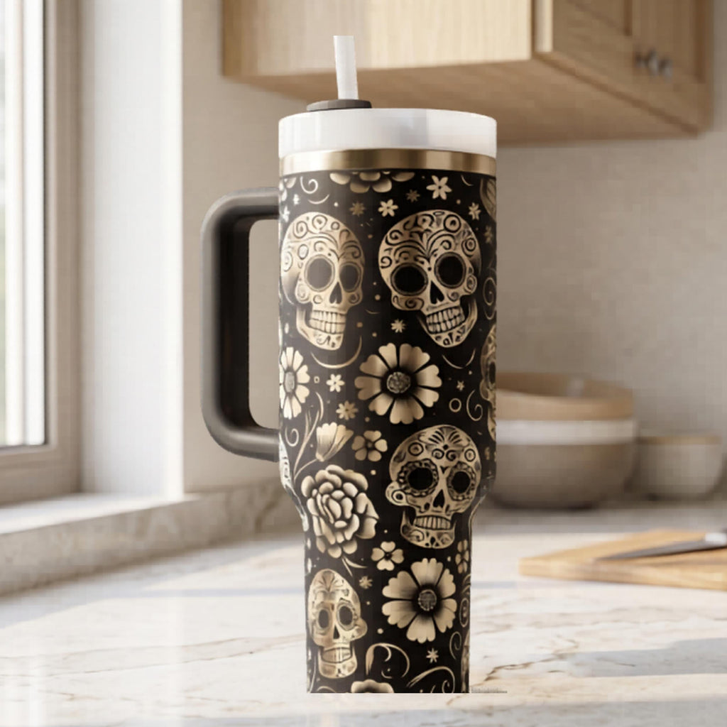 Stainless Steel Insulated Container Sugar Skull Gothic Style Tumbler Day Of The Dead Calavera Design 40oz Travel Mug Double Walled Hot Cold Beverage Holder Handle Straw Flip Lid Mexican Folk Art Pattern Daily Use Drinkware Cultural Gift