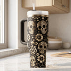 Stainless Steel Insulated Container Sugar Skull Gothic Style Tumbler Day Of The Dead Calavera Design 40oz Travel Mug Double Walled Hot Cold Beverage Holder Handle Straw Flip Lid Mexican Folk Art Pattern Daily Use Drinkware Cultural Gift