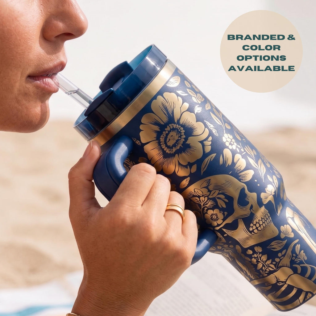 Insulated Tumbler 40oz Stainless Steel Cup Gothic Skull Design Floral Pattern Metallic Gold Ornate Details Dark Aesthetic Drinkware Double Wall Construction Temperature Control Leak Resistant Lid Travel Mug Daily Hydration Essential