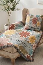 Personalized Throw Blanket Pillow Set Custom Name Embroidered Gift Perfect Birthday Present Mothers Day Christmas Housewarming Gift Living Room Couch Accent Floral Pattern Design Cotton Fringe Farmhouse Style Rust Yellow Pink Sage Green