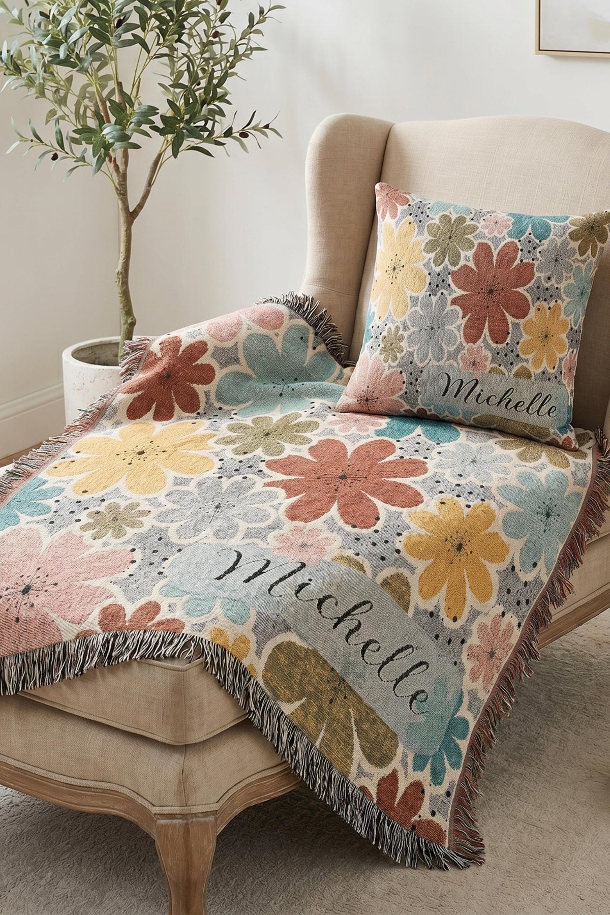Personalized Throw Blanket Pillow Set Custom Name Embroidered Gift Perfect Birthday Present Mothers Day Christmas Housewarming Gift Living Room Couch Accent Floral Pattern Design Cotton Fringe Farmhouse Style Rust Yellow Pink Sage Green