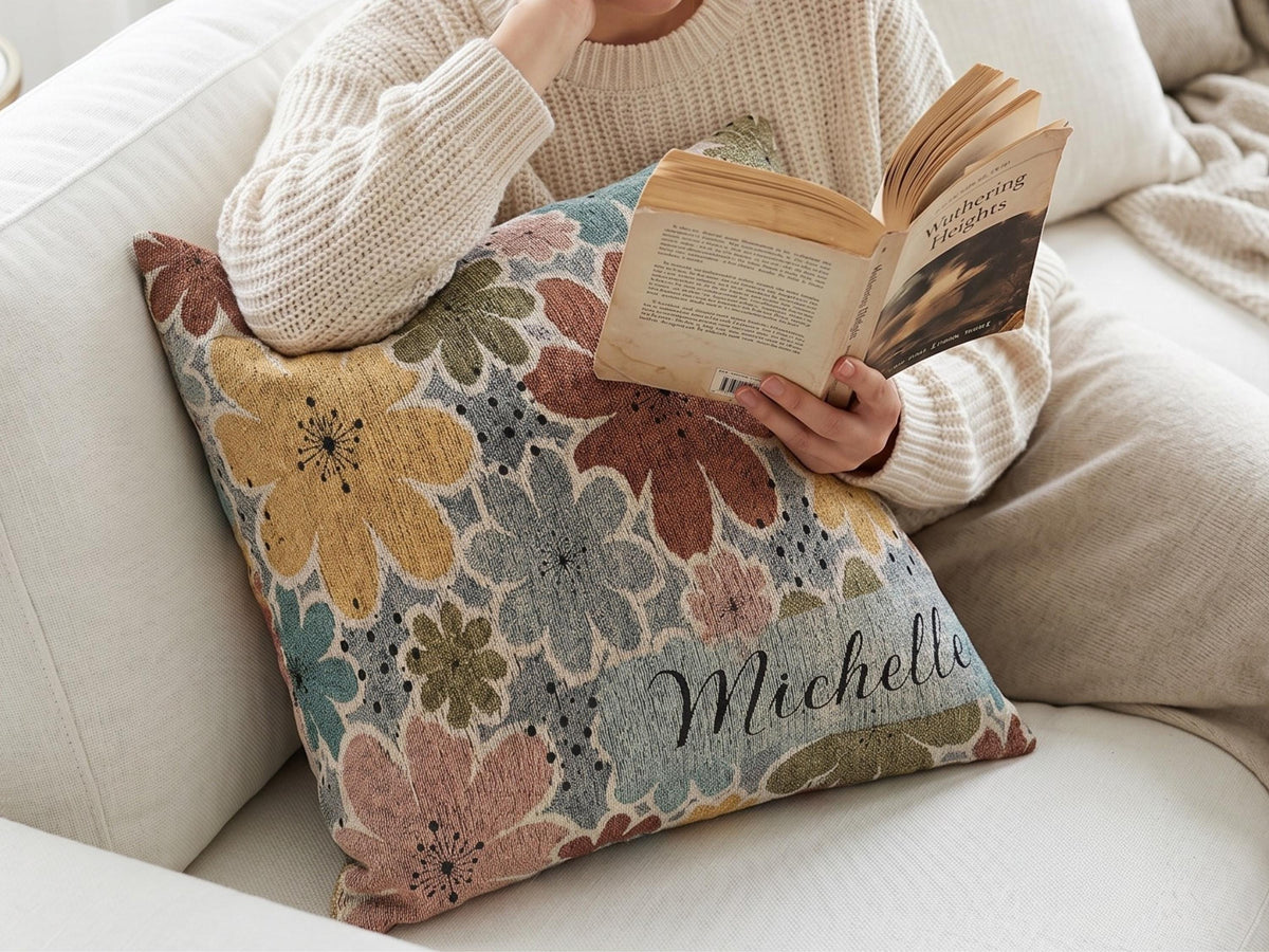 Colorful Fringe Throw Blanket Personalized Name Design Custom Woven Cotton Textile Retro Floral Pattern Perfect Teen Bedroom Styling College Dorm Room Essential Comfortable Cozy Bedding Beautiful Birthday Gift Housewarming Present