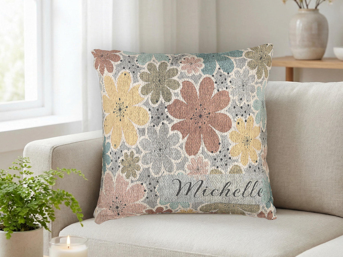 Custom Woven Throw Blanket Personalized With Name Colorful Fringe Design Perfect Housewarming Present Birthday Gift For College Student Dorm Room Bedding Essential Retro Floral Pattern Cotton Textile Comfortable Cozy Accent Teen Bedroom