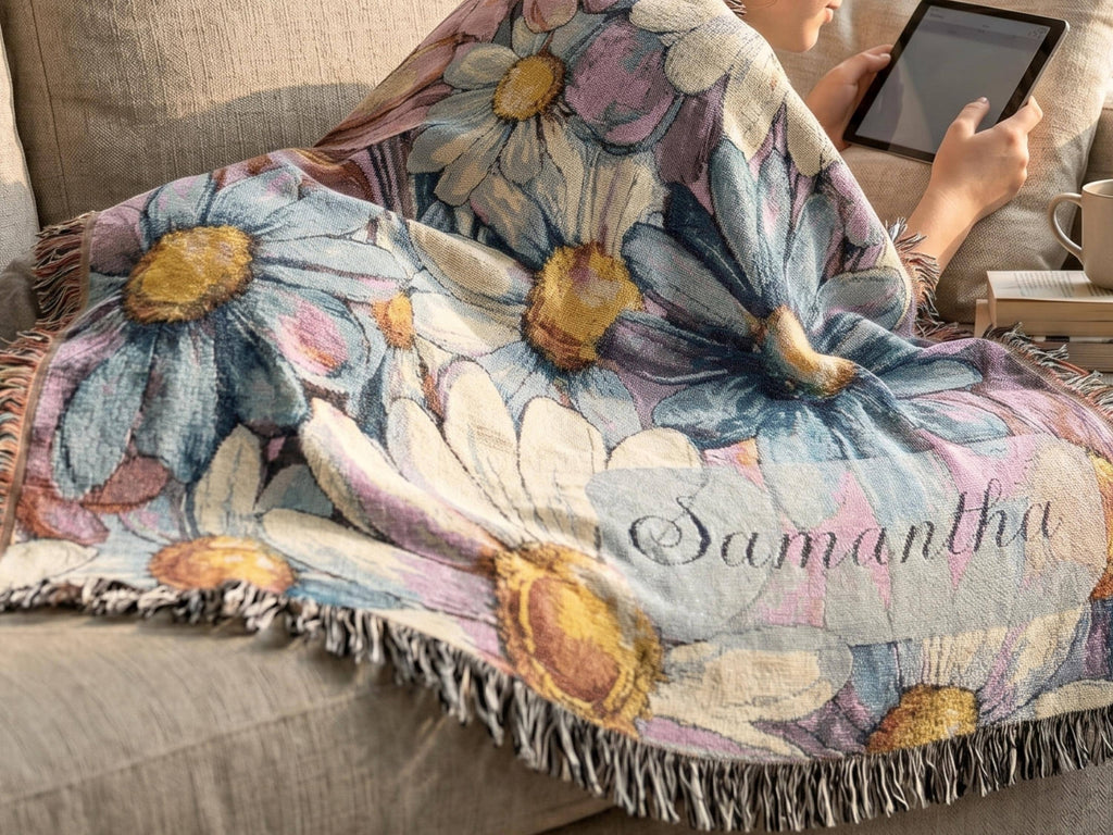 Woven Daisy Cushion Cover Blue Floral Throw Pillow Dorm Room Bedding College Living Space Decor Teen Bedroom Styling Yellow Daisy Flower Design Textured Pillow Cover Cottage Farmhouse Aesthetic Couch Accent Pillows Double Sided Floral