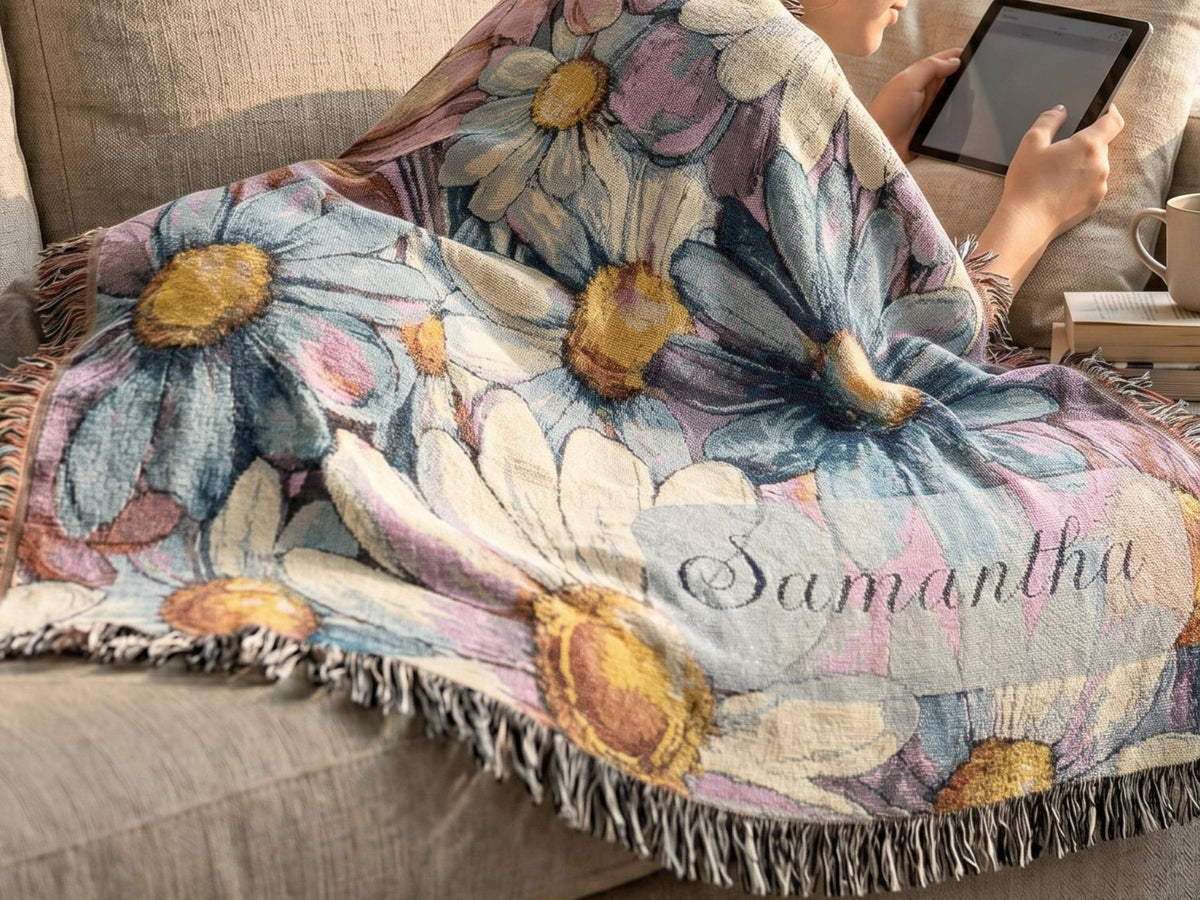 Woven Daisy Cushion Cover Blue Floral Throw Pillow Dorm Room Bedding College Living Space Decor Teen Bedroom Styling Yellow Daisy Flower Design Textured Pillow Cover Cottage Farmhouse Aesthetic Couch Accent Pillows Double Sided Floral