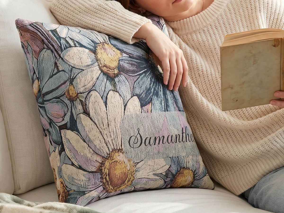 Blue Floral Cushion Cover Daisy Pillow Design Dorm Room Essentials College Apartment Decor Woven Textured Pillowcase Yellow Flower Accents Teen Bedroom Accessories Living Room Couch Styling Cottage Farmhouse Pillows Double Sided Pattern