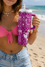 Mermaid Tumbler Cup Handle Design Beach Tumbler Straw Lid Drink Container Insulation Technology Travel Mug Ocean Theme Gift Idea Summer Accessory Coastal Style Vacation Essential Hot Cold Beverage Holder Stainless Steel Construction Double