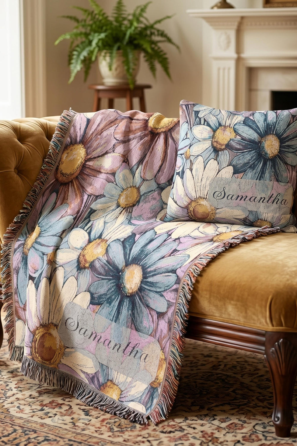 Personalized Throw Blanket Pillow Set Custom Name Gift Women Bedroom Living Room Watercolor Boho Daisy Print Blue Pink Cream Floral Design Cotton Fringe Blanket Matching Square Pillow Cover Birthday Mother Grandmother Housewarming Present