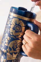 Halloween Gift Tumbler Black Skull Design Gothic Style Cup Stainless Steel Construction Insulated Drink Container Travel Mug Dark Aesthetic Appeal Floral Skull Artwork Premium Quality Drinkware Double Walled Insulation Thermal Retention