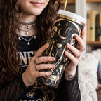 Skeleton Rose Engraved Pattern Gothic Mystical Design Silver Details Magenta Pink Vibrant Background 40oz Stainless Steel Insulated Tumbler Double Walled Construction Temperature Control Technology Travel Mug Handle Design Lid Straw Dark
