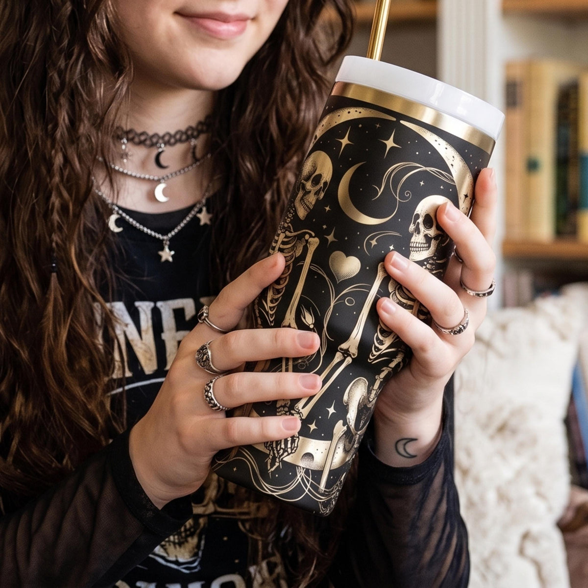 Skeleton Rose Engraved Pattern Gothic Mystical Design Silver Details Magenta Pink Vibrant Background 40oz Stainless Steel Insulated Tumbler Double Walled Construction Temperature Control Technology Travel Mug Handle Design Lid Straw Dark