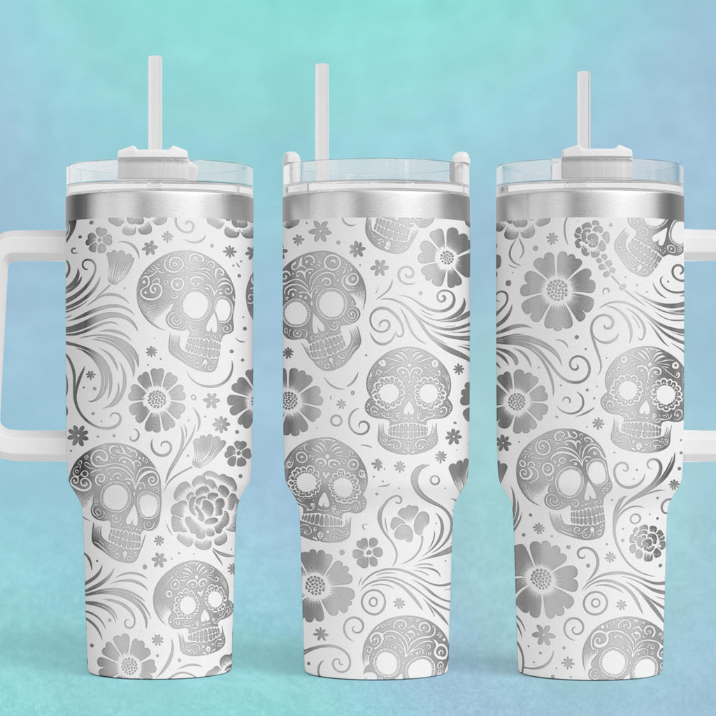 Large Skull Tumbler Stainless Steel Mug Day Dead Design Sugar Skull Pattern Double Wall Insulation Hot Cold Beverage Container Black White Decoration Gothic Style Drinkware Forty Ounce Capacity Travel Size Cup Handle Straw Included Unique