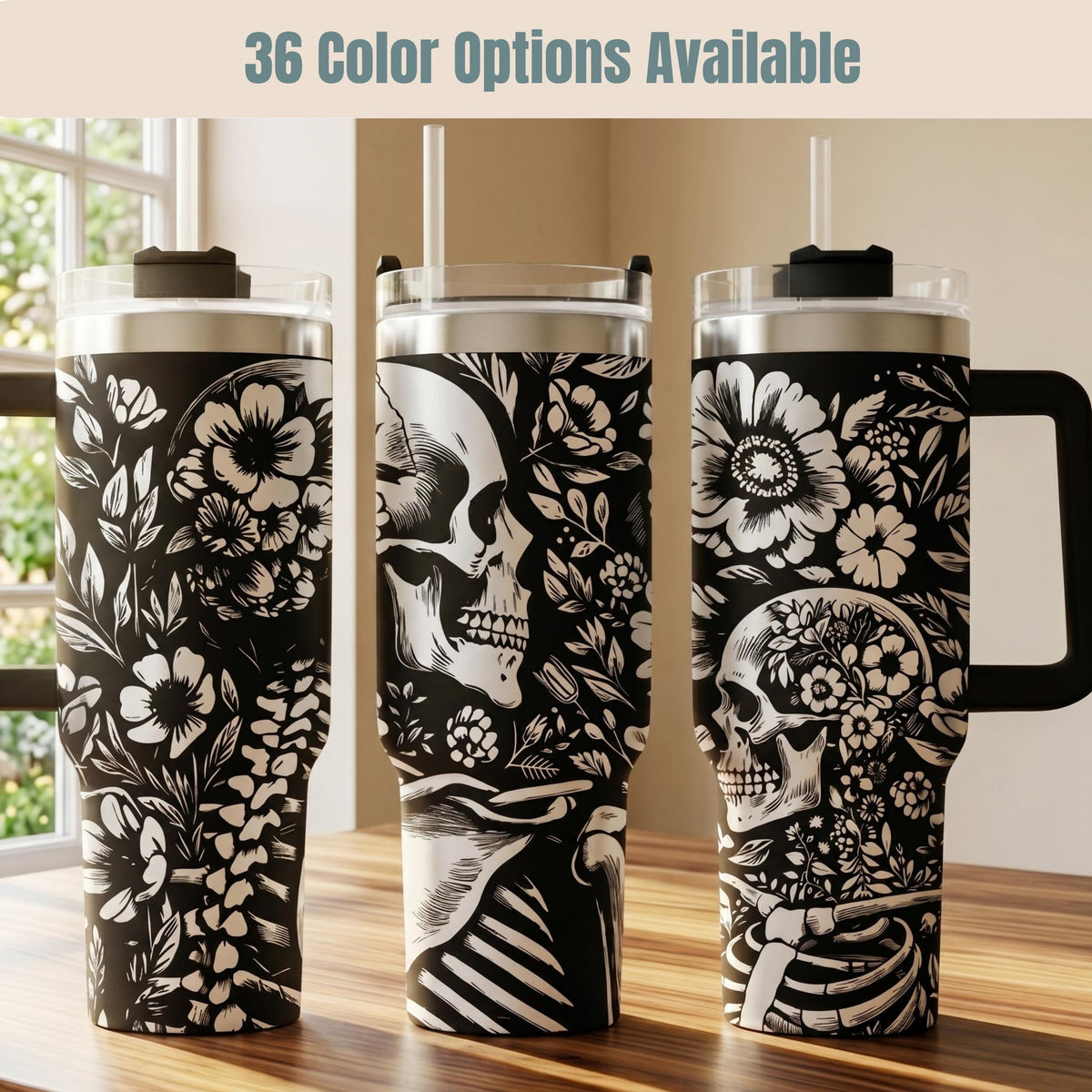 Skull Tumbler 40oz Insulated Stainless Steel Gothic Drinkware Gift Double Walled Thermal Construction Keeps Drinks Hot Cold Hours Powder Coated Finish Skeleton Design Travel Mug Secure Lid Spill Proof Gothic Aesthetic Birthday Present