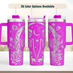 Gothic Skull Tumbler 40oz Insulated Stainless Steel Double Walled Temperature Control Handle Design Lid With Straw Skeleton Rose Pattern Engraved Silver Magenta Pink Background Perfect Gift Alternative Style Lovers Dark Aesthetic Drinkware