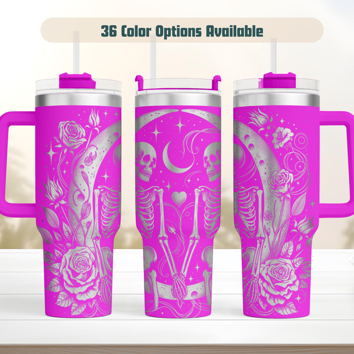 Gothic Skull Tumbler 40oz Insulated Stainless Steel Double Walled Temperature Control Handle Design Lid With Straw Skeleton Rose Pattern Engraved Silver Magenta Pink Background Perfect Gift Alternative Style Lovers Dark Aesthetic Drinkware
