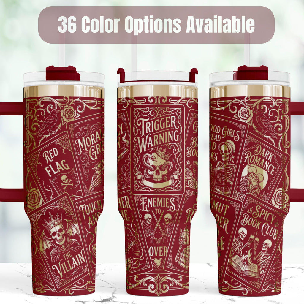Book Club Tumbler Forty Ounce Insulated Stainless Steel Dark Romance Reader Gift Gothic Skull Design Black Handle Lid Straw Enemies To Lovers Trope Fan Beverage Container Booktok Community Essential Double Wall Vacuum Insulation Hot Cold