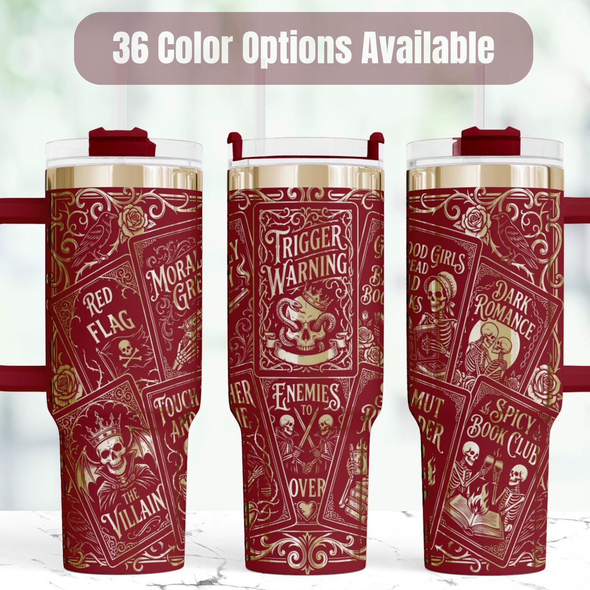 Book Club Tumbler Forty Ounce Insulated Stainless Steel Dark Romance Reader Gift Gothic Skull Design Black Handle Lid Straw Enemies To Lovers Trope Fan Beverage Container Booktok Community Essential Double Wall Vacuum Insulation Hot Cold