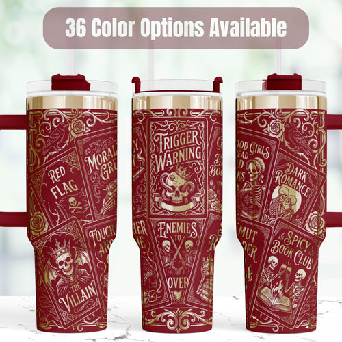 Book Club Tumbler Forty Ounce Insulated Stainless Steel Dark Romance Reader Gift Gothic Skull Design Black Handle Lid Straw Enemies To Lovers Trope Fan Beverage Container Booktok Community Essential Double Wall Vacuum Insulation Hot Cold
