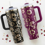 40oz Insulated Tumbler Day Of The Dead Sugar Skull Calavera Design Stainless Steel Travel Mug Double Walled Construction Hot Cold Drinks Container Handle Straw Lid Mexican Folk Art Pattern Gothic Style Drinkware Daily Beverage Holder