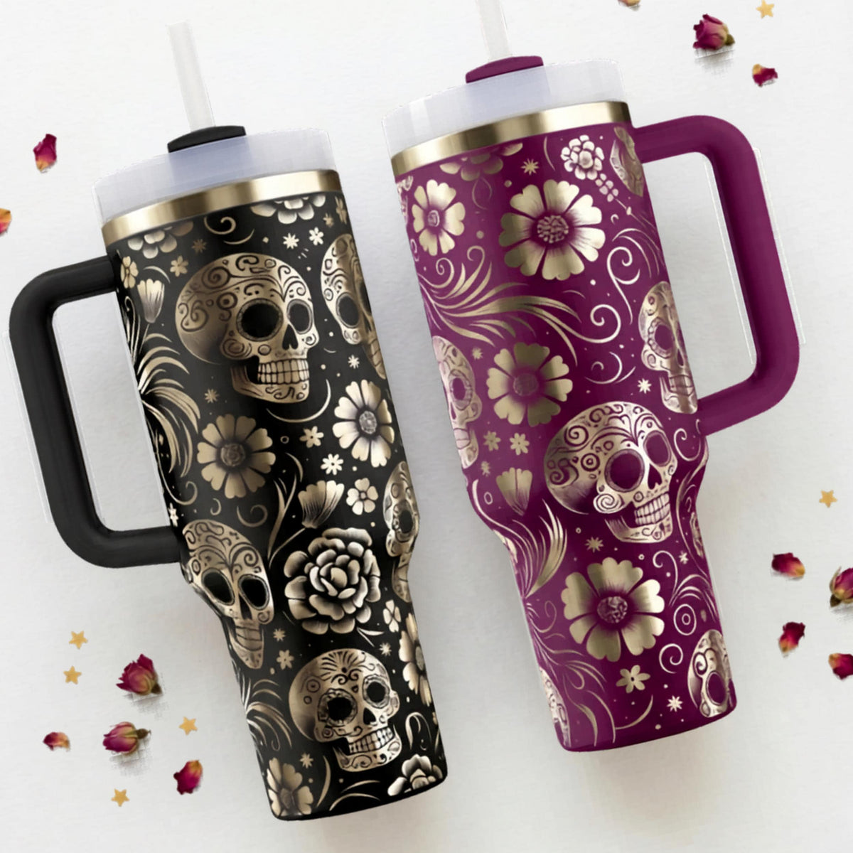 40oz Insulated Tumbler Day Of The Dead Sugar Skull Calavera Design Stainless Steel Travel Mug Double Walled Construction Hot Cold Drinks Container Handle Straw Lid Mexican Folk Art Pattern Gothic Style Drinkware Daily Beverage Holder