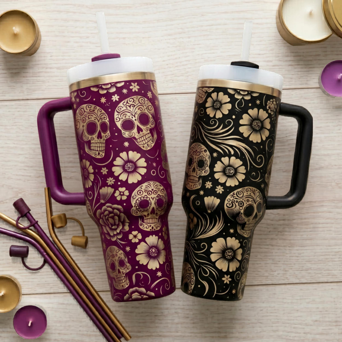 Day Of The Dead Beverage Container Insulated Sugar Skull Tumbler Mexican Folk Art Calavera Design 40oz Stainless Steel Travel Mug Double Walled Hot Cold Drinks Holder Handle Straw Lid Gothic Style Drinkware Daily Use Essential Cultural