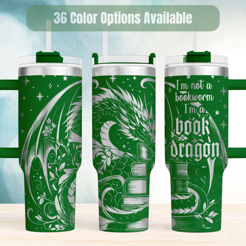 Book Dragon Tumbler Fantasy Reader Gift Insulated Drinkware Collection 40oz Stainless Steel Construction Double Wall Temperature Control Handle Straw Design Perfect Reading Companion Gothic Fantasy Artwork Literary Gift Present Bookworm