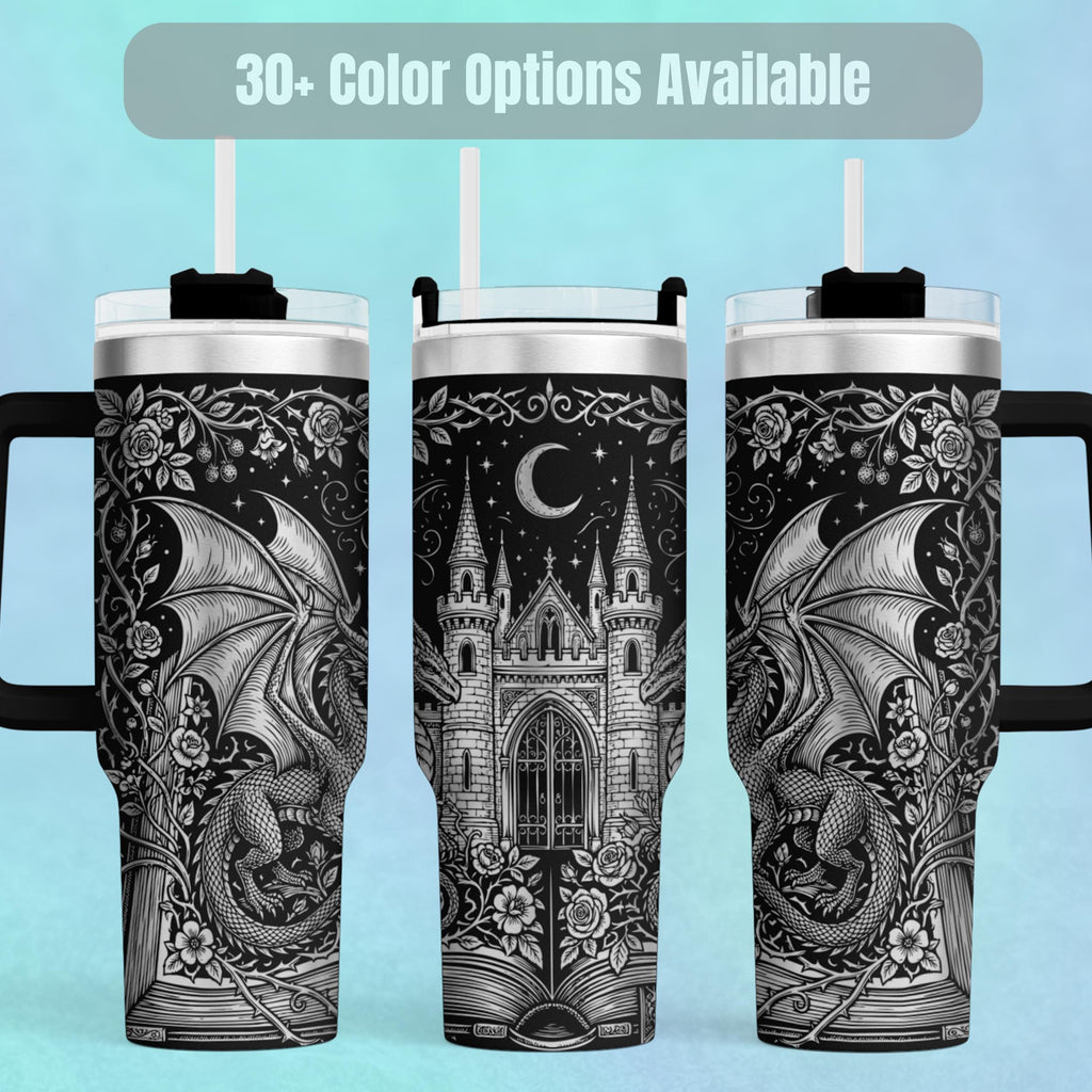 Dragon Tumbler Stainless Steel Gothic Castle Design Travel Mug Large Capacity Insulated Drinkware Perfect Gift For Men Birthday Present Fantasy Book Reader Essential Medieval Dragon Artwork Black Design Hot Cold Beverage Container Handle