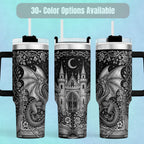 Dragon Tumbler Stainless Steel Gothic Castle Design Travel Mug Large Capacity Insulated Drinkware Perfect Gift For Men Birthday Present Fantasy Book Reader Essential Medieval Dragon Artwork Black Design Hot Cold Beverage Container Handle