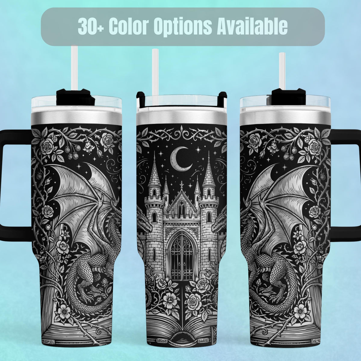 Dragon Tumbler Stainless Steel Gothic Castle Design Travel Mug Large Capacity Insulated Drinkware Perfect Gift For Men Birthday Present Fantasy Book Reader Essential Medieval Dragon Artwork Black Design Hot Cold Beverage Container Handle