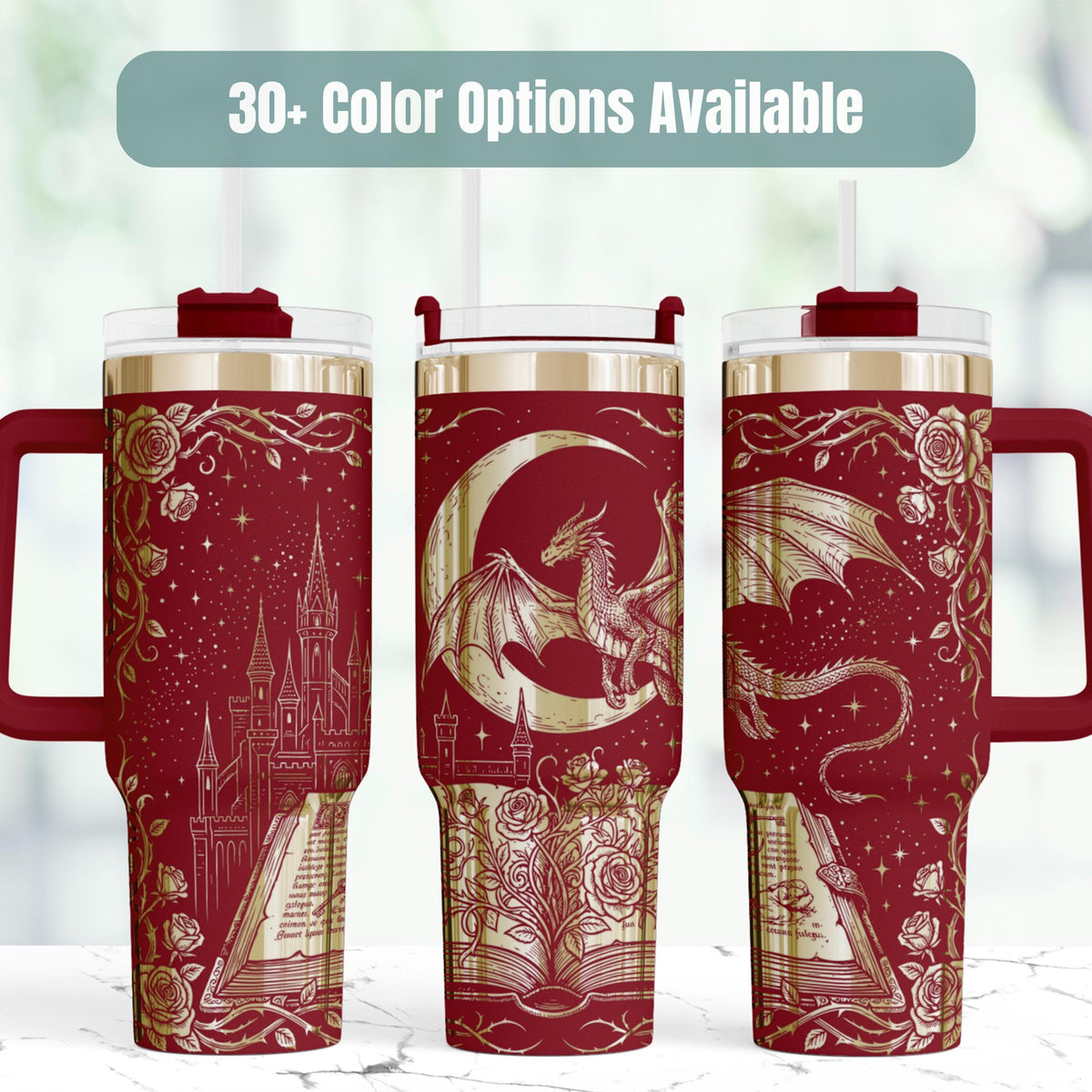 Fantasy Dragon Tumbler Insulated Travel Mug Castle Design Artwork Perfect Gift Book Lover Reader Present 40oz Large Capacity Stainless Steel Construction Double Wall Temperature Retention Burgundy Red Gold Metallic Details Gothic Aesthetic
