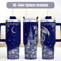 Dragon Tumbler Fantasy Design Insulated Stainless Steel Handle Gothic Castle Artwork 40oz Capacity Vacuum Insulated Travel Mug Celestial Moon Star Engravings Medieval Dragon Collection Perfect Reader Gift Book Lover Accessory Fantasy