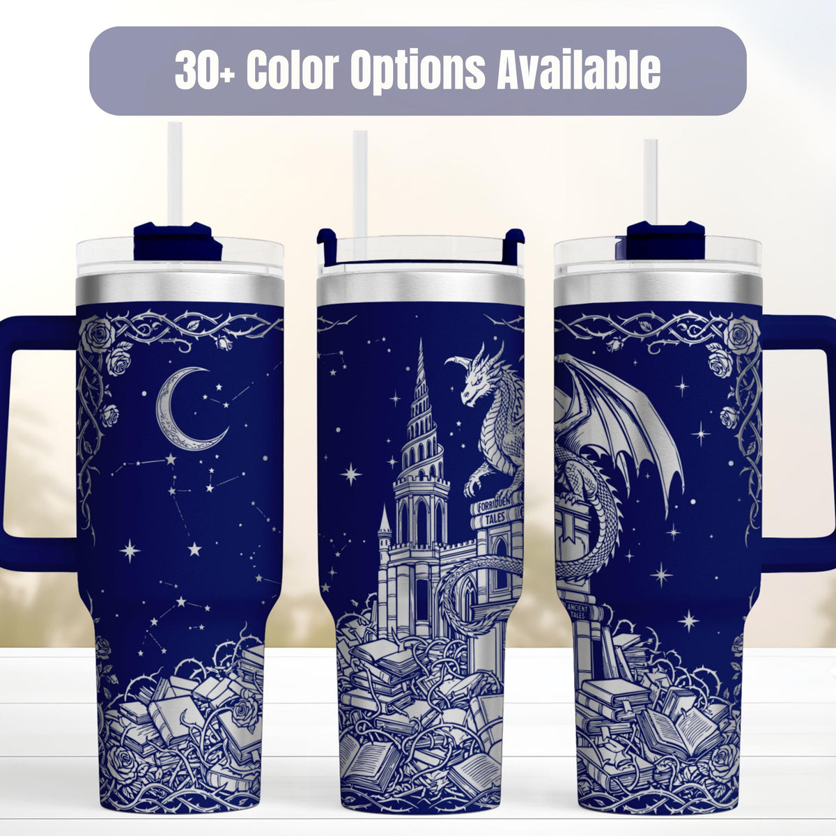 Dragon Tumbler Fantasy Design Insulated Stainless Steel Handle Gothic Castle Artwork 40oz Capacity Vacuum Insulated Travel Mug Celestial Moon Star Engravings Medieval Dragon Collection Perfect Reader Gift Book Lover Accessory Fantasy