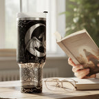 Insulated Stainless Steel Tumbler 40oz Capacity Dragon Fantasy Design Gothic Castle Artwork Handle Travel Mug Vacuum Insulated Drinkware Celestial Moon Star Engravings Book Lover Gift Reader Accessory Medieval Dragon Collection Bookish
