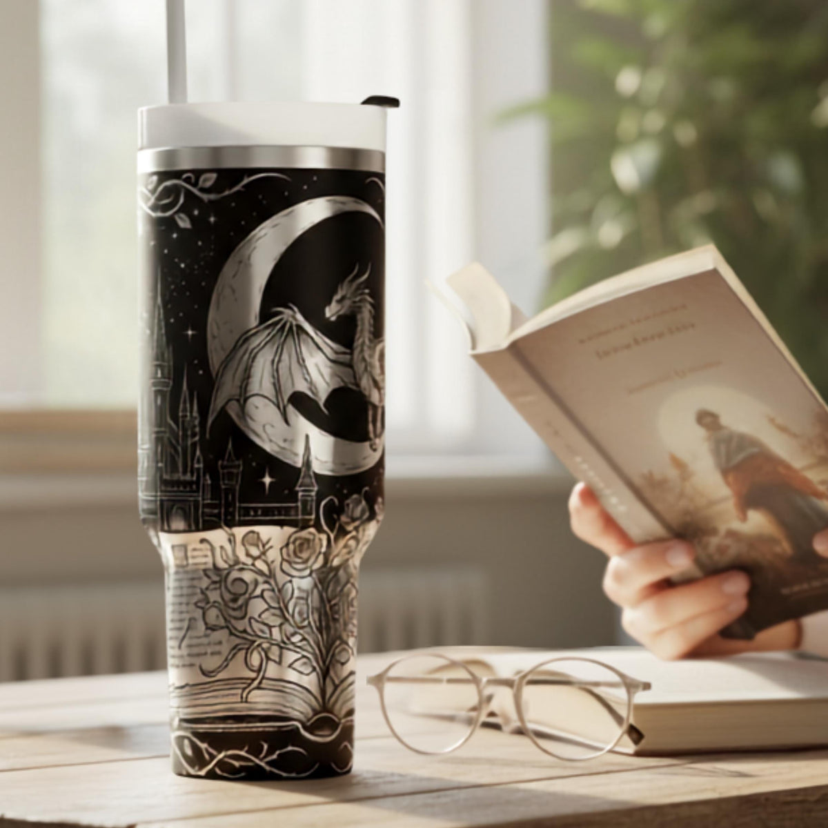 Insulated Stainless Steel Tumbler 40oz Capacity Dragon Fantasy Design Gothic Castle Artwork Handle Travel Mug Vacuum Insulated Drinkware Celestial Moon Star Engravings Book Lover Gift Reader Accessory Medieval Dragon Collection Bookish