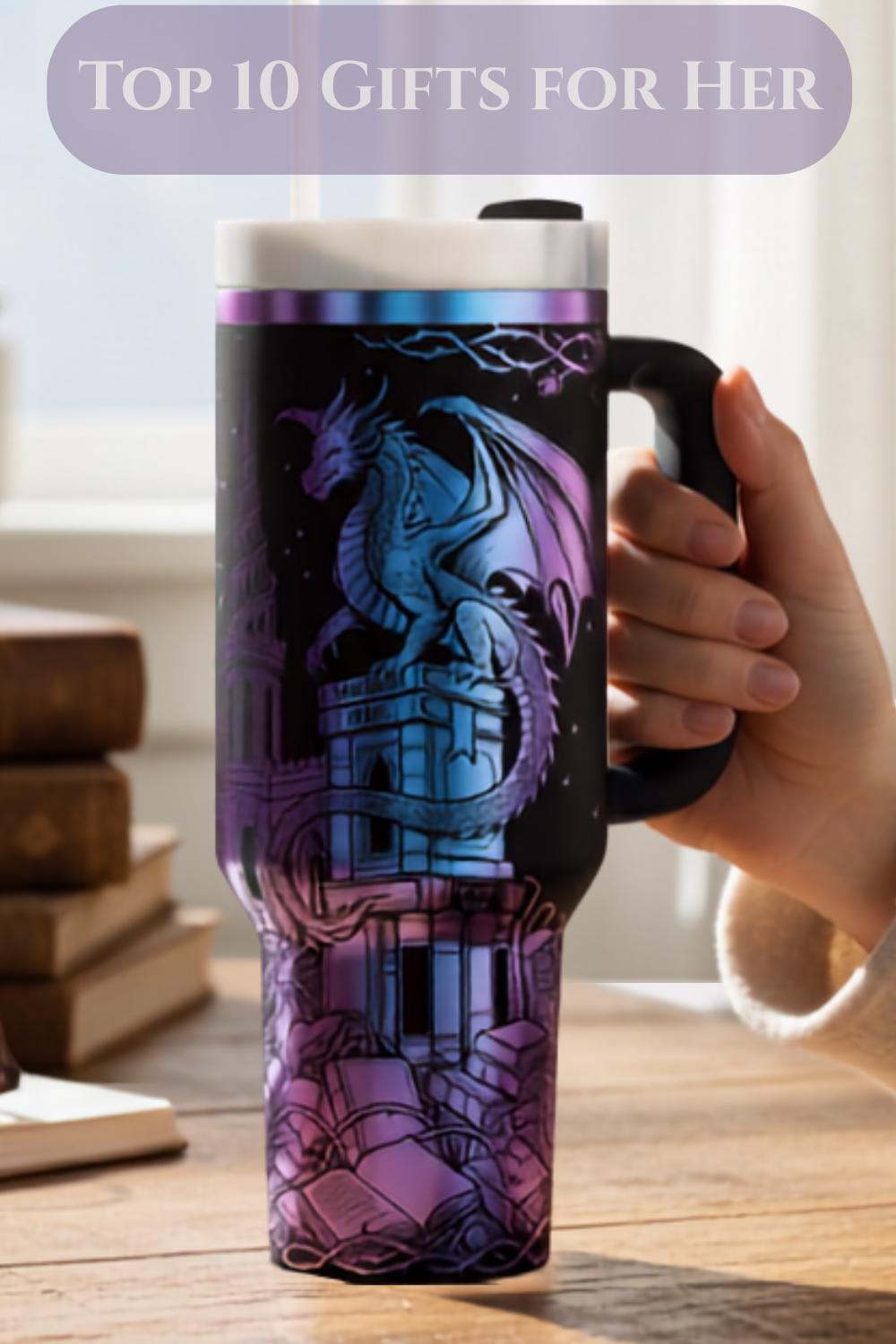 Fantasy Dragon Castle Tumbler Gothic Artwork Stainless Steel Handle Travel Mug Construction Medieval Dragon Design Collection Romantasy Reader Essential Gift Large Bottle Daily Use Men Bookish Fantasy Enthusiasts Starry Night Background