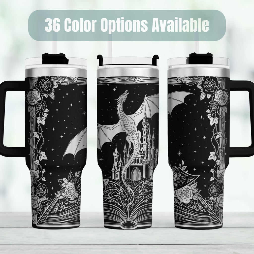 Dragon Fantasy Tumbler Castle Design Insulated Stainless Steel Travel Mug Handle Lid 40oz Capacity Perfect Gift Fantasy Book Readers Romantasy Lovers Gothic Style Enthusiasts Double Wall Insulation Keeps Drinks Hot Cold Medieval Theme