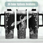 Dragon Fantasy Tumbler Castle Design Insulated Stainless Steel Travel Mug Handle Lid 40oz Capacity Perfect Gift Fantasy Book Readers Romantasy Lovers Gothic Style Enthusiasts Double Wall Insulation Keeps Drinks Hot Cold Medieval Theme