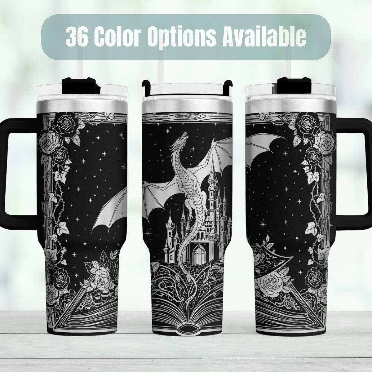 Dragon Fantasy Tumbler Castle Design Insulated Stainless Steel Travel Mug Handle Lid 40oz Capacity Perfect Gift Fantasy Book Readers Romantasy Lovers Gothic Style Enthusiasts Double Wall Insulation Keeps Drinks Hot Cold Medieval Theme