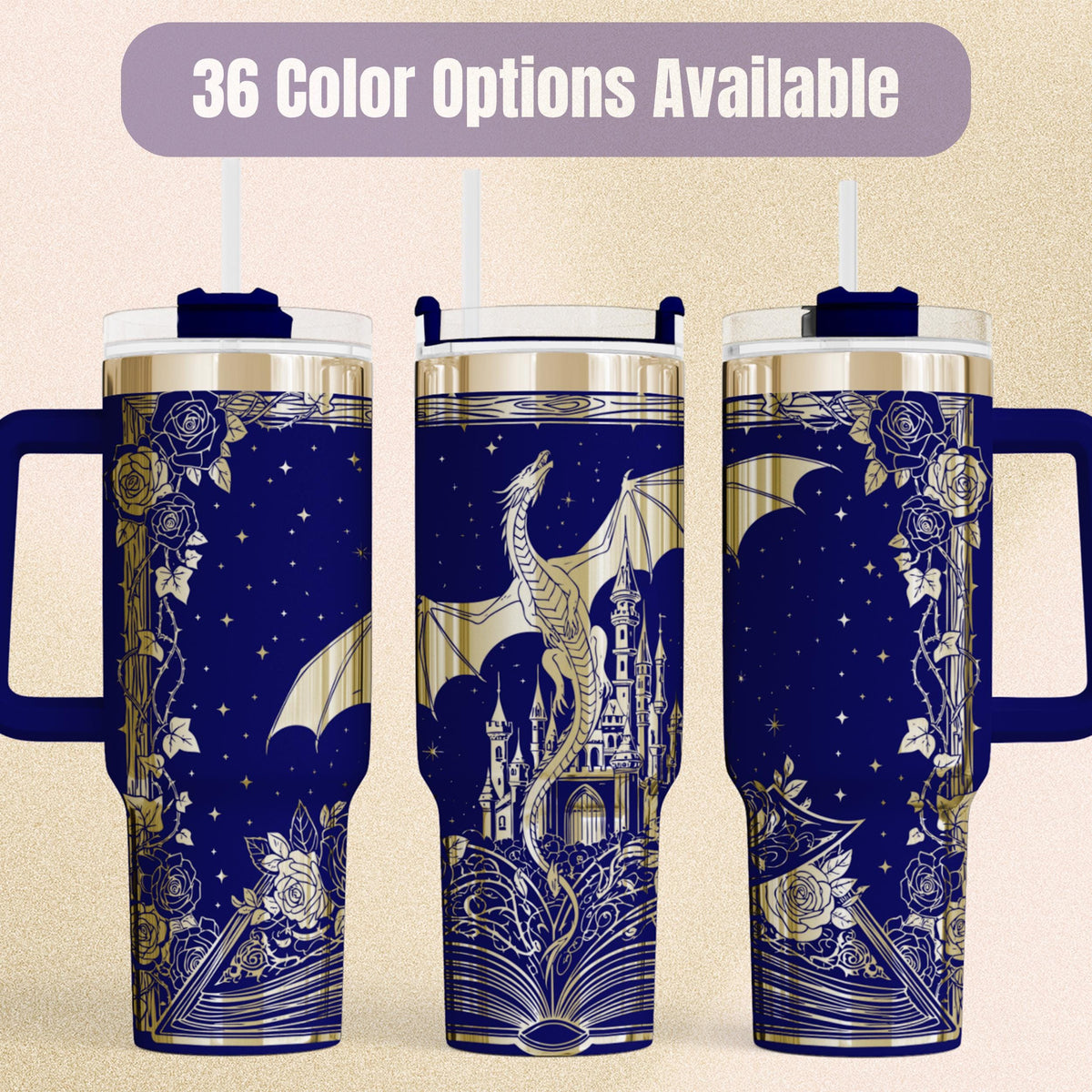 Dragon Fantasy Tumbler 40oz Insulated Stainless Steel Construction Castle Artwork Design Gothic Black Styling Gold Accents Starry Night Sky Background Rose Ivy Details Perfect Book Lover Gift Reading Enthusiast Present Daily Coffee