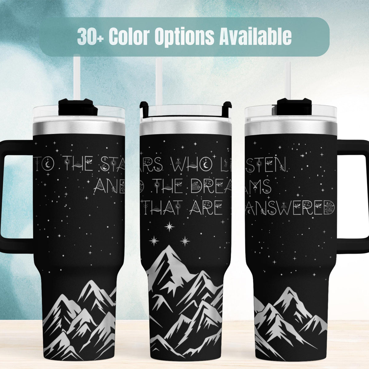 Insulated Stainless Steel Tumbler 40oz Capacity Book Lover Gift Fantasy Themed Drinkware Starry Night Sky Mountain Design Literary Quote Travel Mug Double Walled Construction Handle Lid Perfect Reader Merchandise Daily Beverage Container