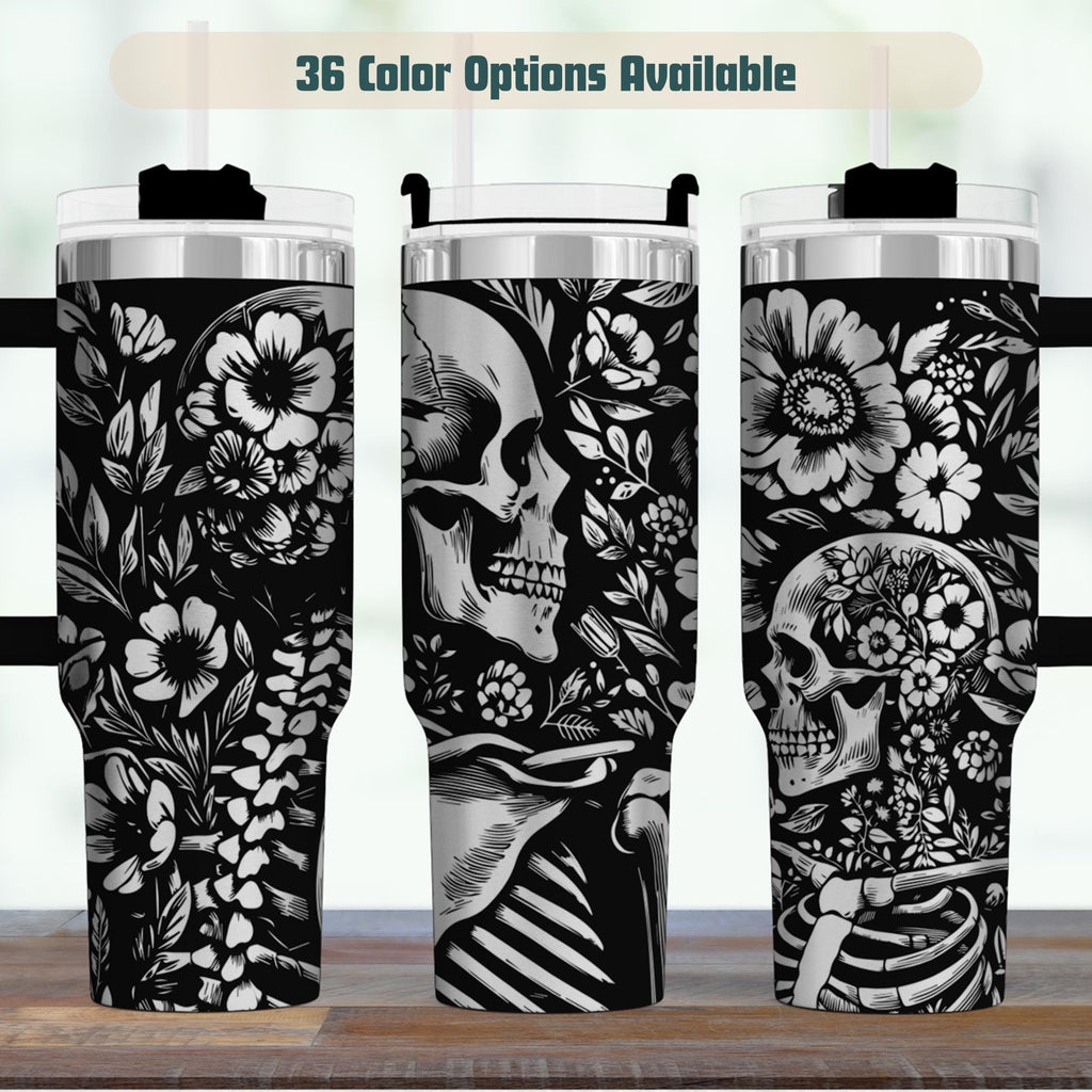 Skull Tumbler Insulated Stainless Steel Gothic Black Design Thermal Travel Mug Skeleton Pattern Floral Details Dark Aesthetic Drinkware Halloween Gift Idea Spooky Coffee Cup Alternative Lifestyle Accessory Double Walled Construction Keeps