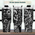Skull Tumbler Insulated Stainless Steel Gothic Black Design Thermal Travel Mug Skeleton Pattern Floral Details Dark Aesthetic Drinkware Halloween Gift Idea Spooky Coffee Cup Alternative Lifestyle Accessory Double Walled Construction Keeps