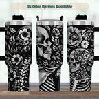 Skull Tumbler Insulated Stainless Steel Gothic Black Design Thermal Travel Mug Skeleton Pattern Floral Details Dark Aesthetic Drinkware Halloween Gift Idea Spooky Coffee Cup Alternative Lifestyle Accessory Double Walled Construction Keeps