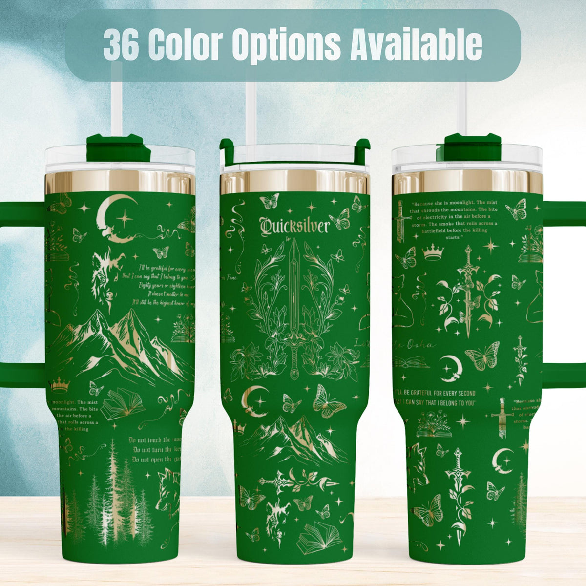 Fantasy Book Lover Gift Insulated Tumbler With Handle Stainless Steel Construction Romantasy Reader Present Butterfly Moon Design Literary Themed Drinkware Bookish Aesthetic Cup Hot Cold Beverage Holder Reading Companion Travel Tumbler