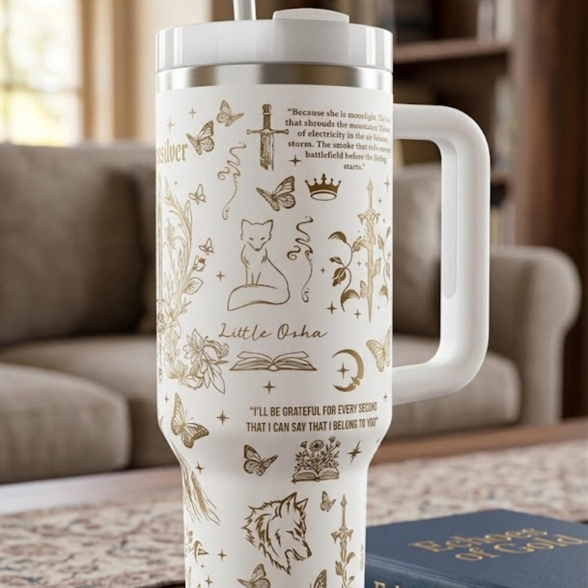 Insulated Stainless Steel Tumbler Handle Design Fantasy Themed Drinkware Book Lover Gift Ideas Romantasy Reader Cup Butterfly Moon Artwork Literary Motifs Bookish Present Hot Cold Beverage Container Reading Session Companion Travel Friendly
