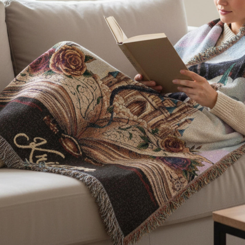 Custom Name Dragon Blanket Personalized Throw Woven Cotton Tapestry Fantasy Castle Design Storybook Imagery Fairy Tale Nursery Bedding Dragon Flying Over Open Book Rose Details Personalized Baby Gift Custom Bedroom Decor Three Size Options
