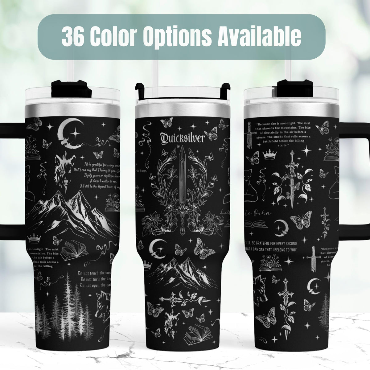 Fantasy Book Tumbler 40oz Insulated Stainless Steel Black Design Gothic Butterfly Moon Sword Crown Motifs Perfect Reading Companion Literary Fan Gift Dark Academia Aesthetic Bookish Collection Premium Insulation Keeps Beverages Hot Cold All