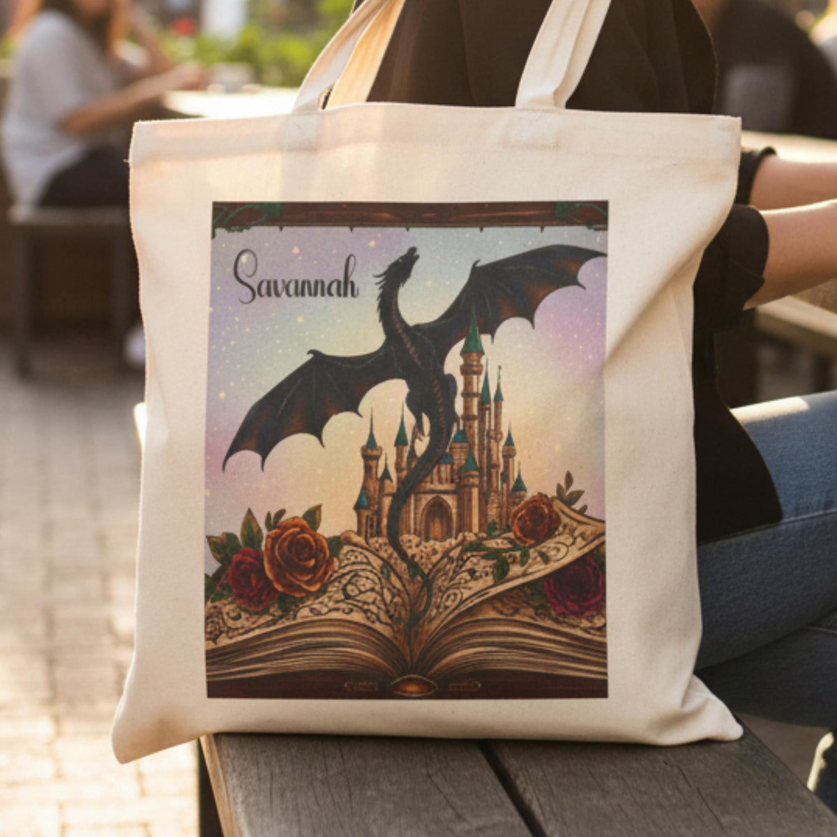 Library Book Bag Canvas Tote Bag Book Lover Gift Dragon Fantasy Design Reading Essential Literary Accessory Reusable Shopping Bag Cotton Canvas Construction Market Grocery Carrier Reinforced Handles Durable Bookish Gift Whimsical Fantasy