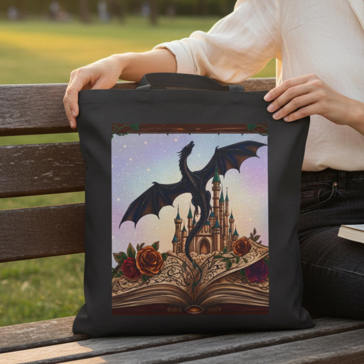 Literary Gift Tote Bag Book Lover Canvas Bag Dragon Fantasy Design Reusable Shopping Carrier Reading Essential Cotton Canvas Construction Durable Market Bag Library Book Carrying Tote Reinforced Handles Bookish Accessory Fantasy Reader Gift